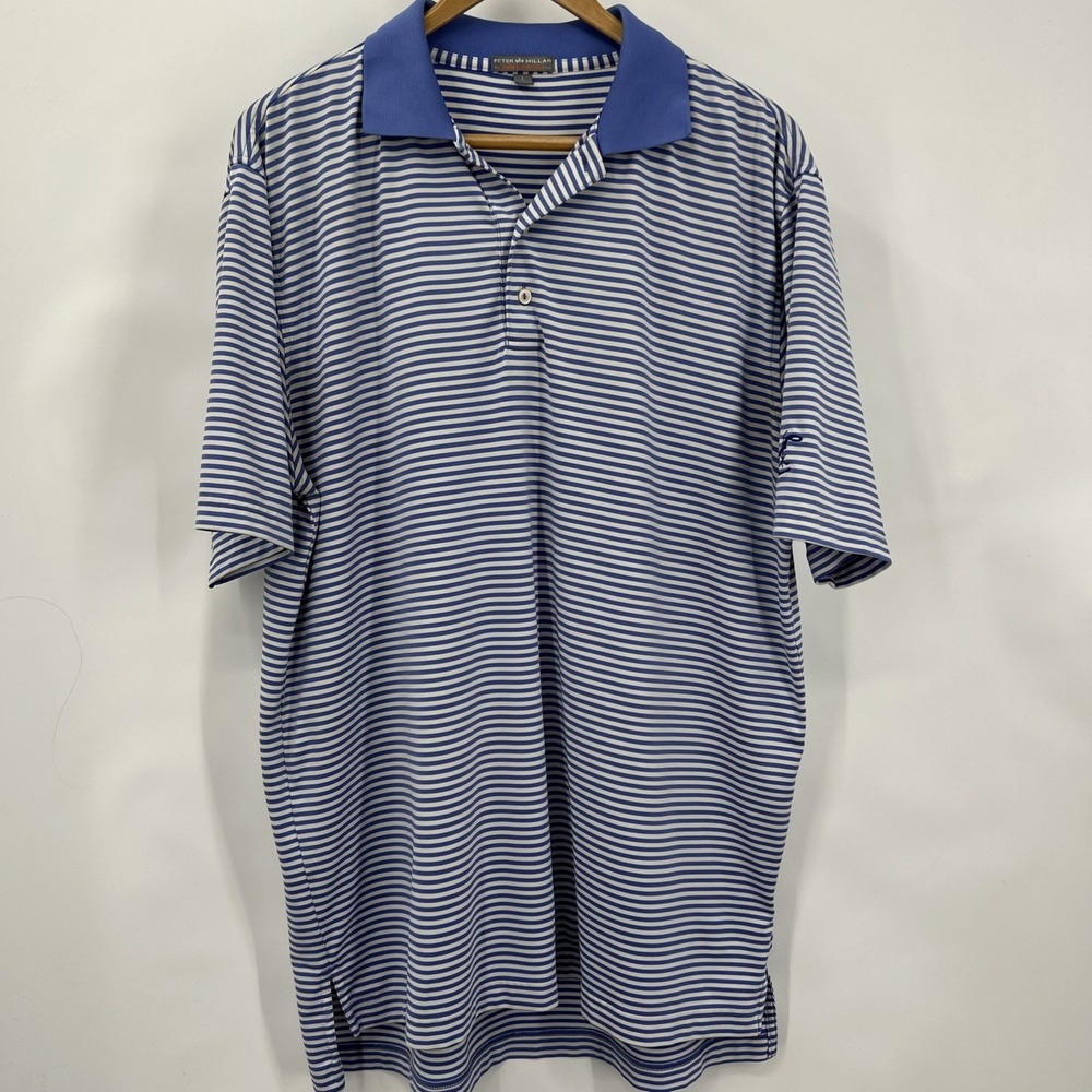 Peter Millar Summer Comfort‎ Polo Shirt Mens L Blue White Striped Golf Club